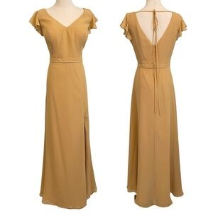Azazie Claudine A-Line Ruched Chiffon Floor-Length Dress Sz 16 Butterscotch EUC